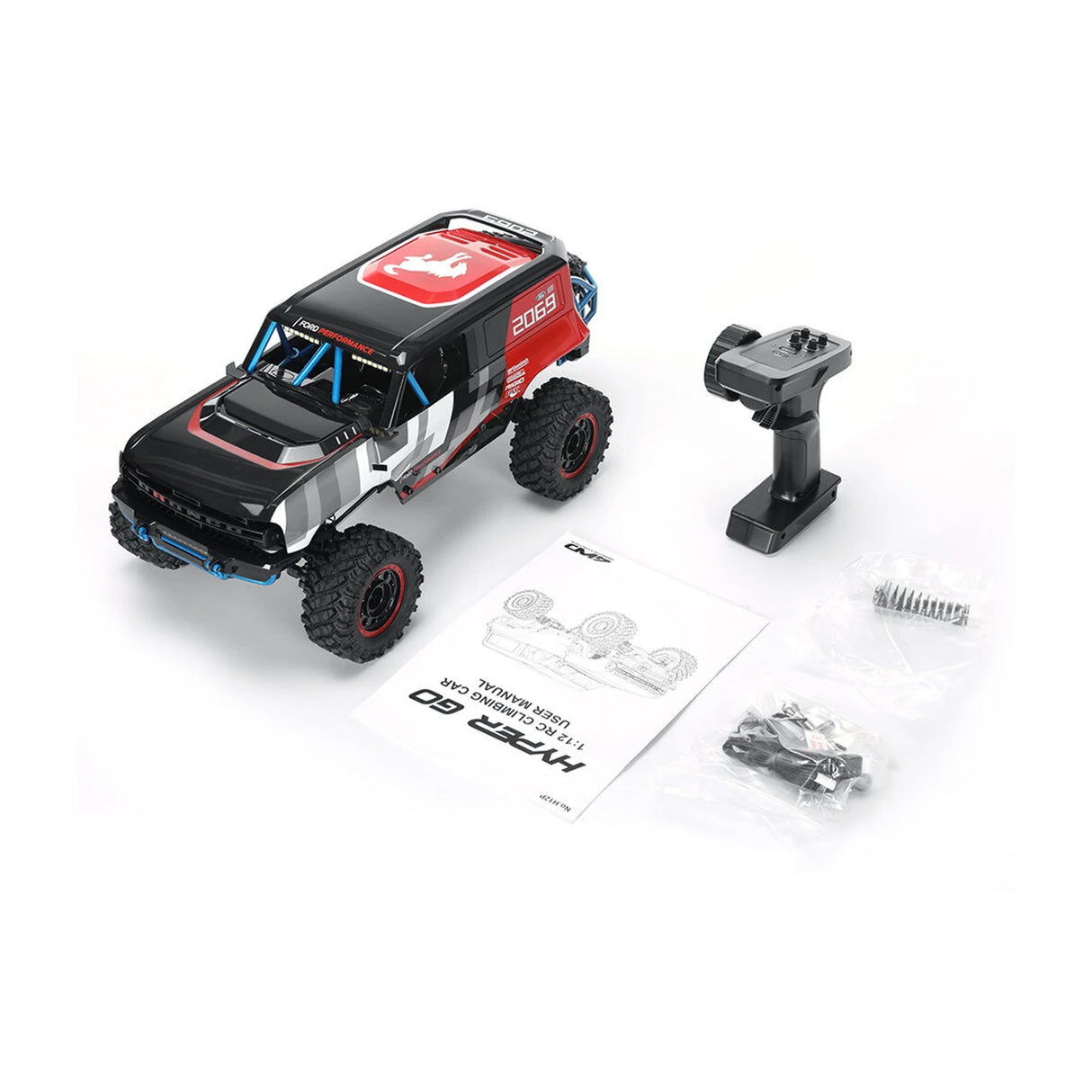 MJX Hyper Go H12P 1:12 RC Climbing Car Lieferumfang mit Fernsteuerung, Anleitung und Zubehör auf weißem Hintergrund.