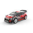Rotes und schwarzes Modellauto mit Sponsorenlogos