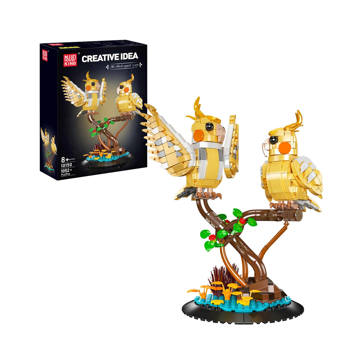 Mould King Nymphensittiche Klemmbausteine Set 10150 – zwei gelbe Papageien auf Ast mit Blüten und 1052 Teilen