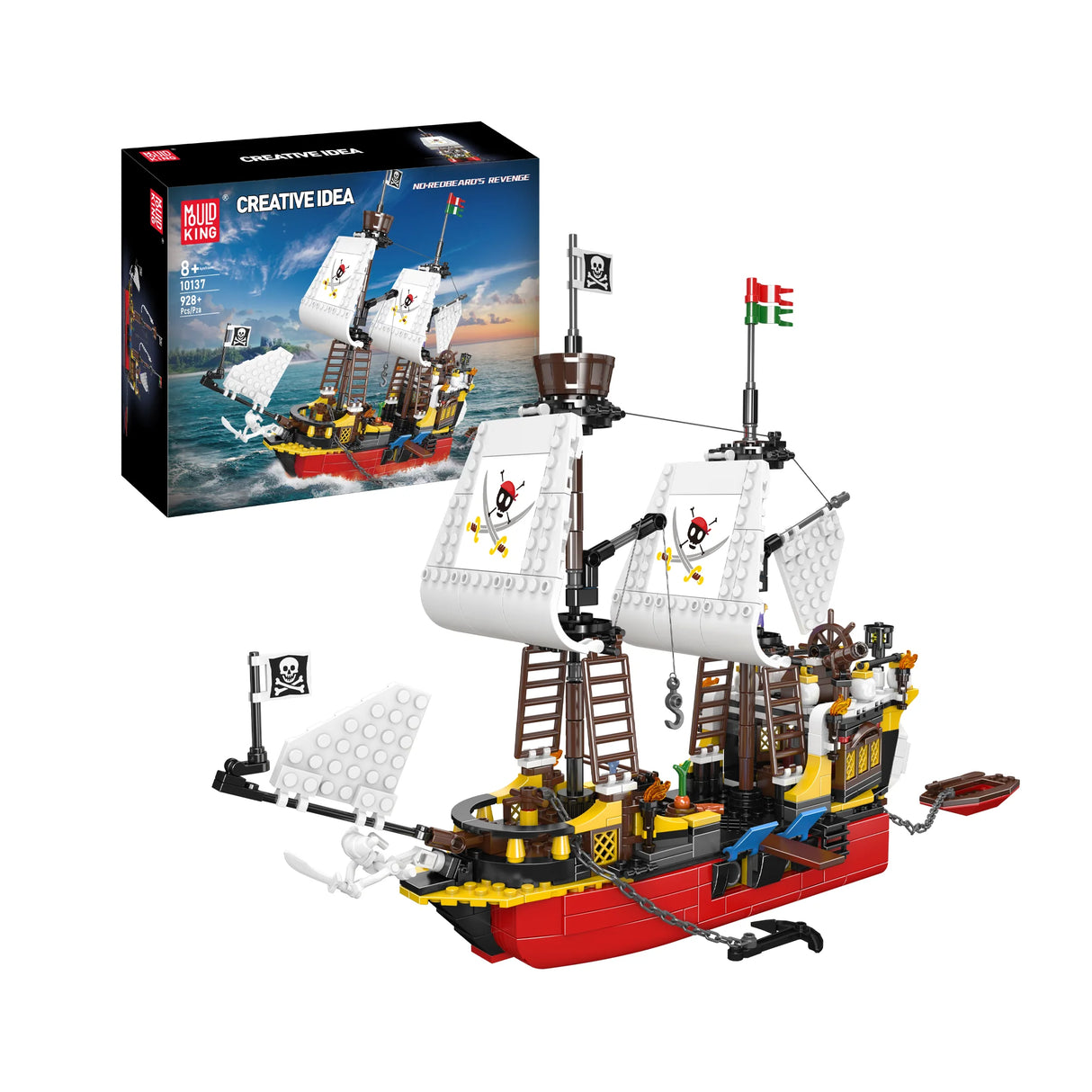 Modellbausatz eines Piratenschiffs mit Segeln und Totenkopfflagge inklusive Produktverpackung
