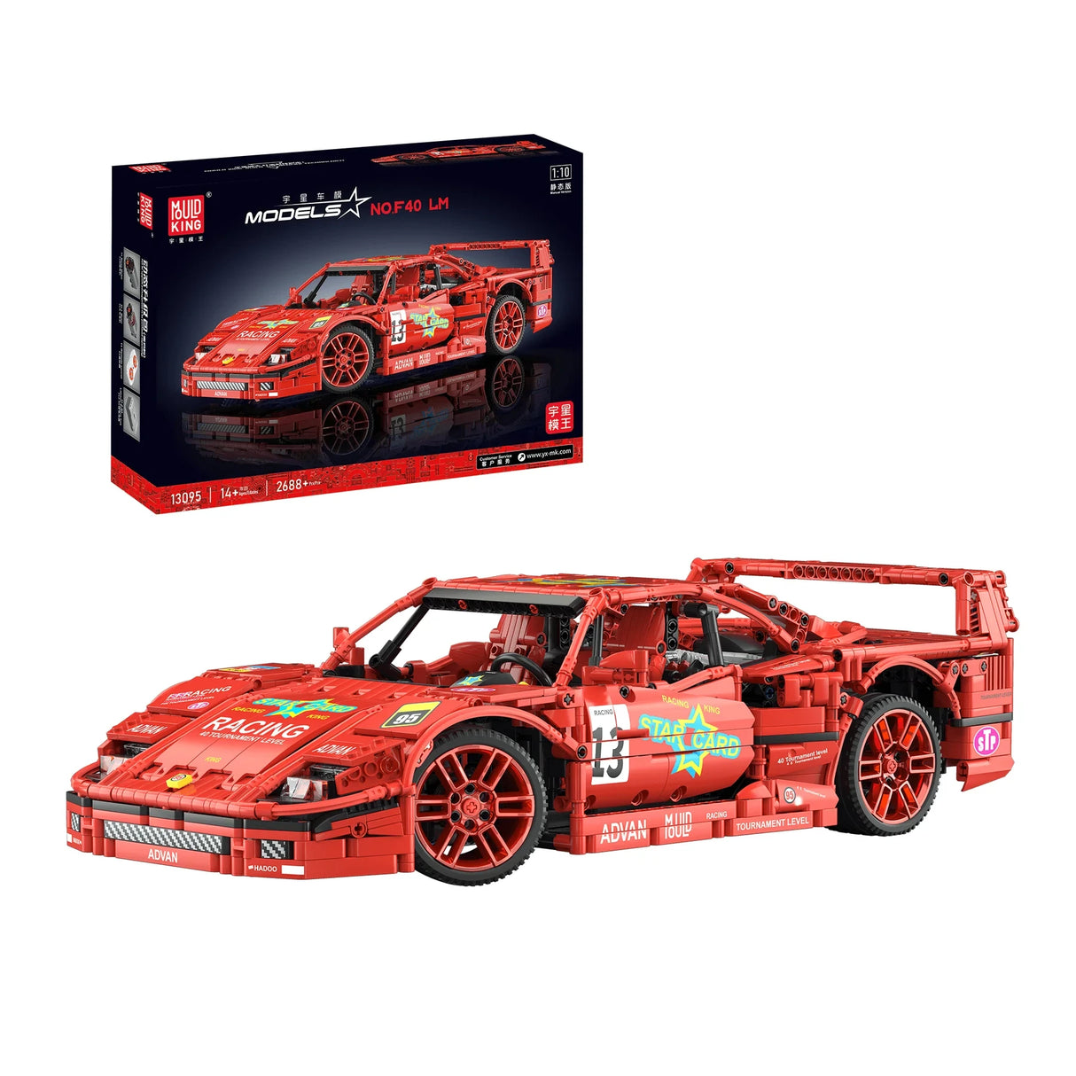 Mould King Rennwagen F40 LM Klemmbausteine Set 13095 – roter Supersportwagen 1:10 mit Heckflügel und 2688 Teilen