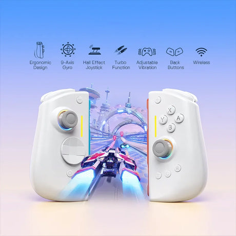 Weißer Gaming Controller mit Symbolen für Funktionen wie Gyro Joystick Turbo Vibration und kabellose Verbindung