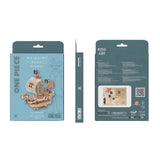 Verpackung des One Piece Going Merry Holzmodells mit Vorder-, Seiten- und Rückansicht