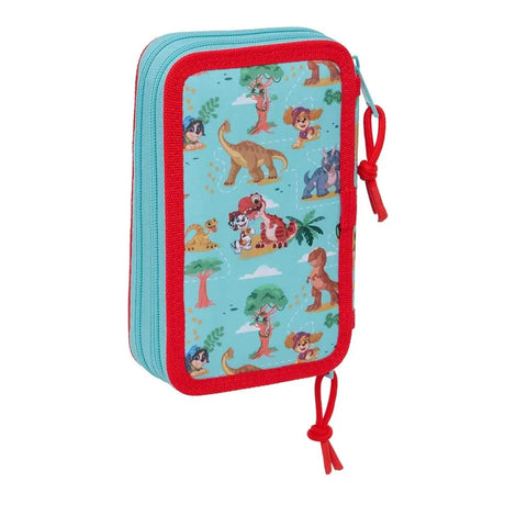 Stifteetui mit Dinosaurier- und Paw Patrol-Motiven auf hellblauem Hintergrund, rotem Rand und Reißverschluss