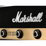 Detailaufnahme des weissen Marshall-Logos und JCM 800 Lead Series Klinkenbuchsen