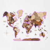 Carte du monde 3D en bois avec éclairage LED - décoration murale - multicolore / XL (120 x 200 cm)